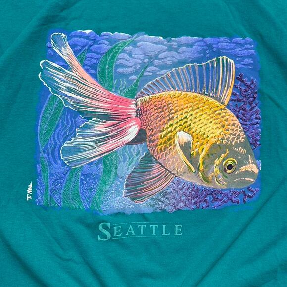 Vintage 90s Seattle Goldfish Tee Mens XL Blue Animal Nature Print Fish Shirt - Picture 2 of 4